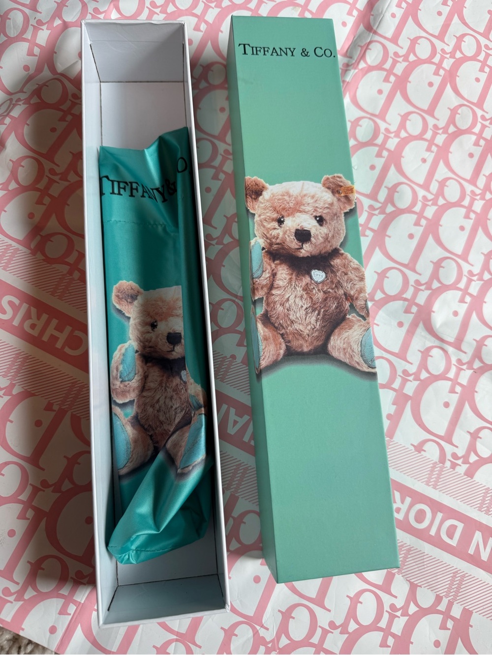 Tiffany & Co. Teal Umbrella with Teddy Bear Motif New in box NO TAG - Picture 7 of 7